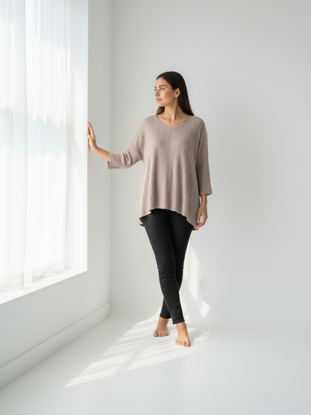 Relaxed V-Neck Ribbed Tunic Top - Taupe
